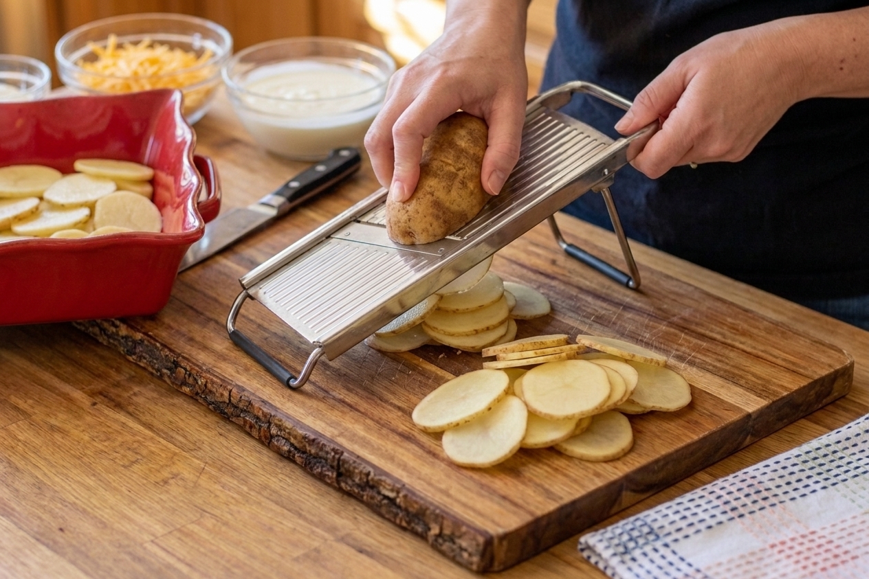 Close-up of potatoes being sliced into thin rounds with a mandoline on a wooden cutting board