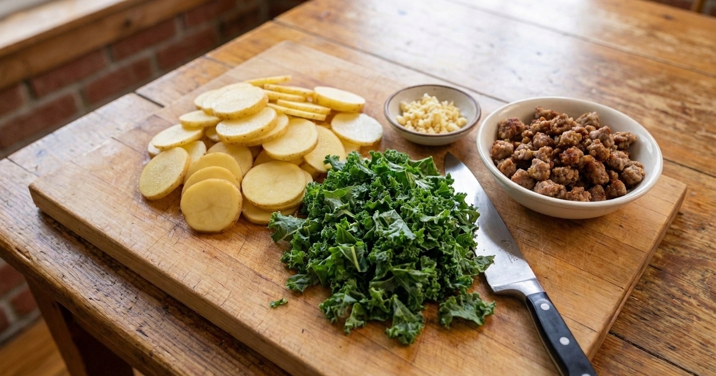 Close-up of prepped ingredients for Zuppa Toscana including sliced Yukon Gold potatoes, chopped kale, minced garlic, and crumbled Italian sausage on a cutting board