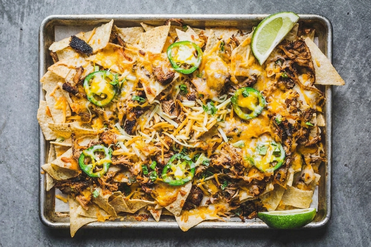 Close-up of pulled pork nachos with melted cheese, queso drizzle, jalapeño slices, cilantro, and a lime wedge on the side, ready to eat on a wooden table