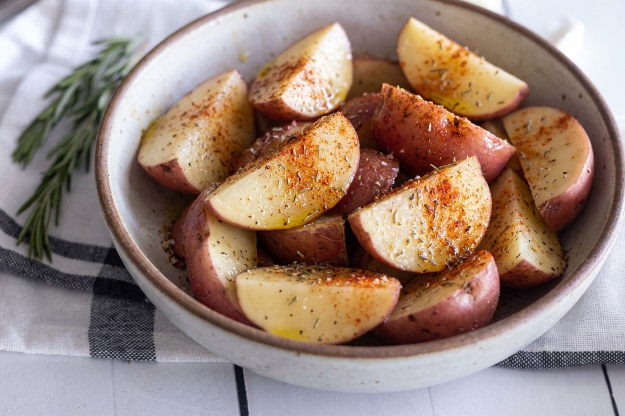 Close-up of red potato pieces coated in olive oil and spices with visible flecks of paprika and dried herbs