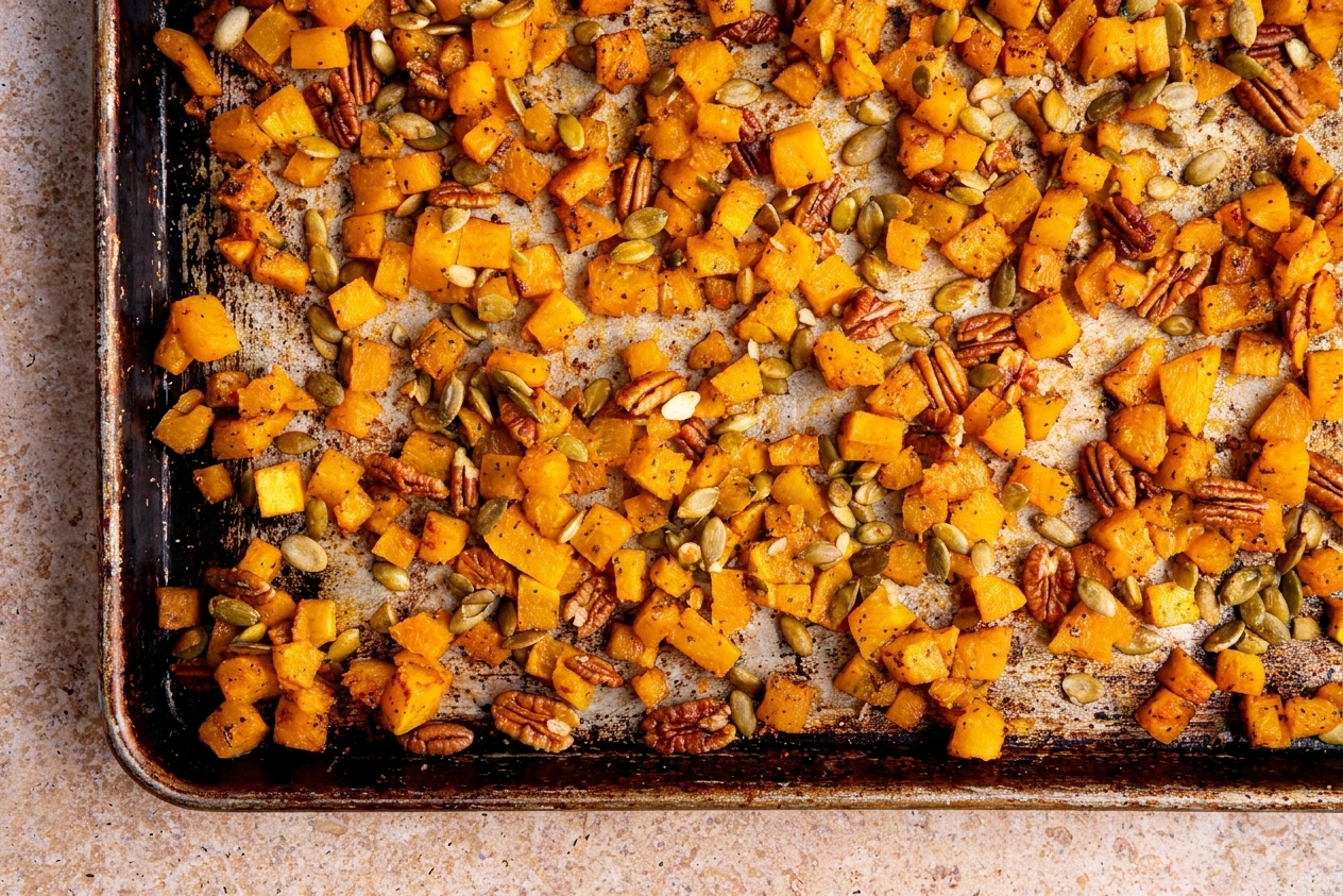 Close-up of roasted butternut squash cubes with browned, crisp edges and a tender orange center on a sheet pan