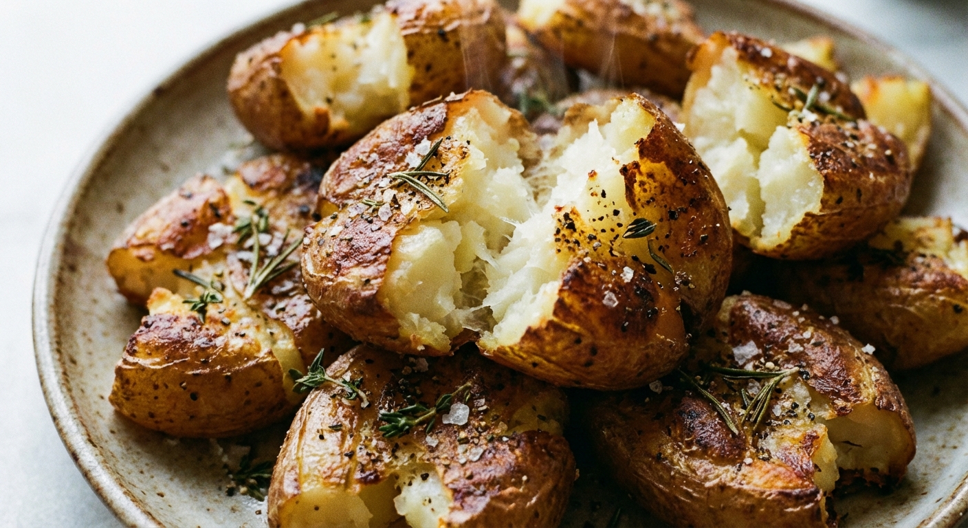 Close-up of roasted potato pieces showing crunchy browned edges and fluffy centers