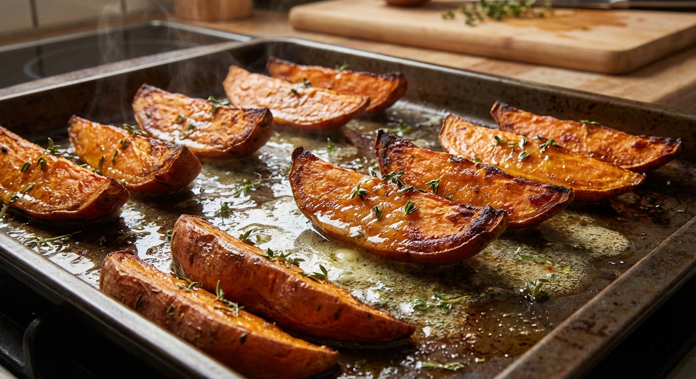 Close up of roasted sweet potato wedges showing crisp browned edges and a glossy butter sauce pooling on the pan