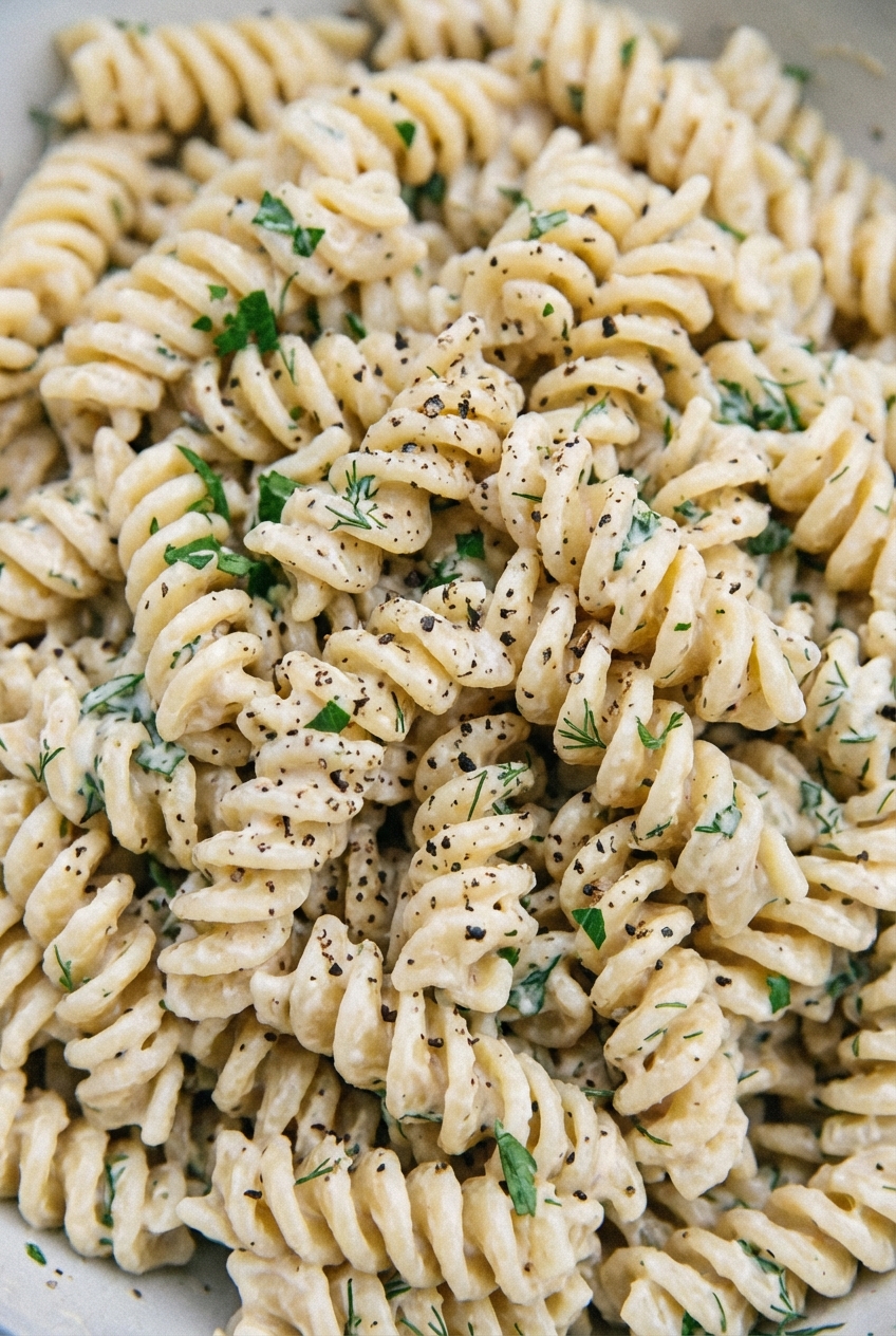 Close-up of rotini pasta salad coated in creamy dressing with visible flecks of herbs and cracked black pepper