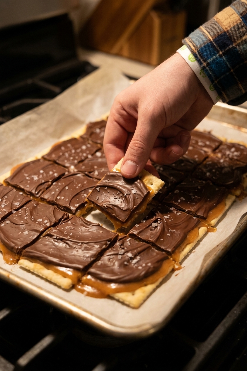 Close-up of saltine toffee with a caramel layer and melted chocolate on top, setting on parchment paper on a baking sheet