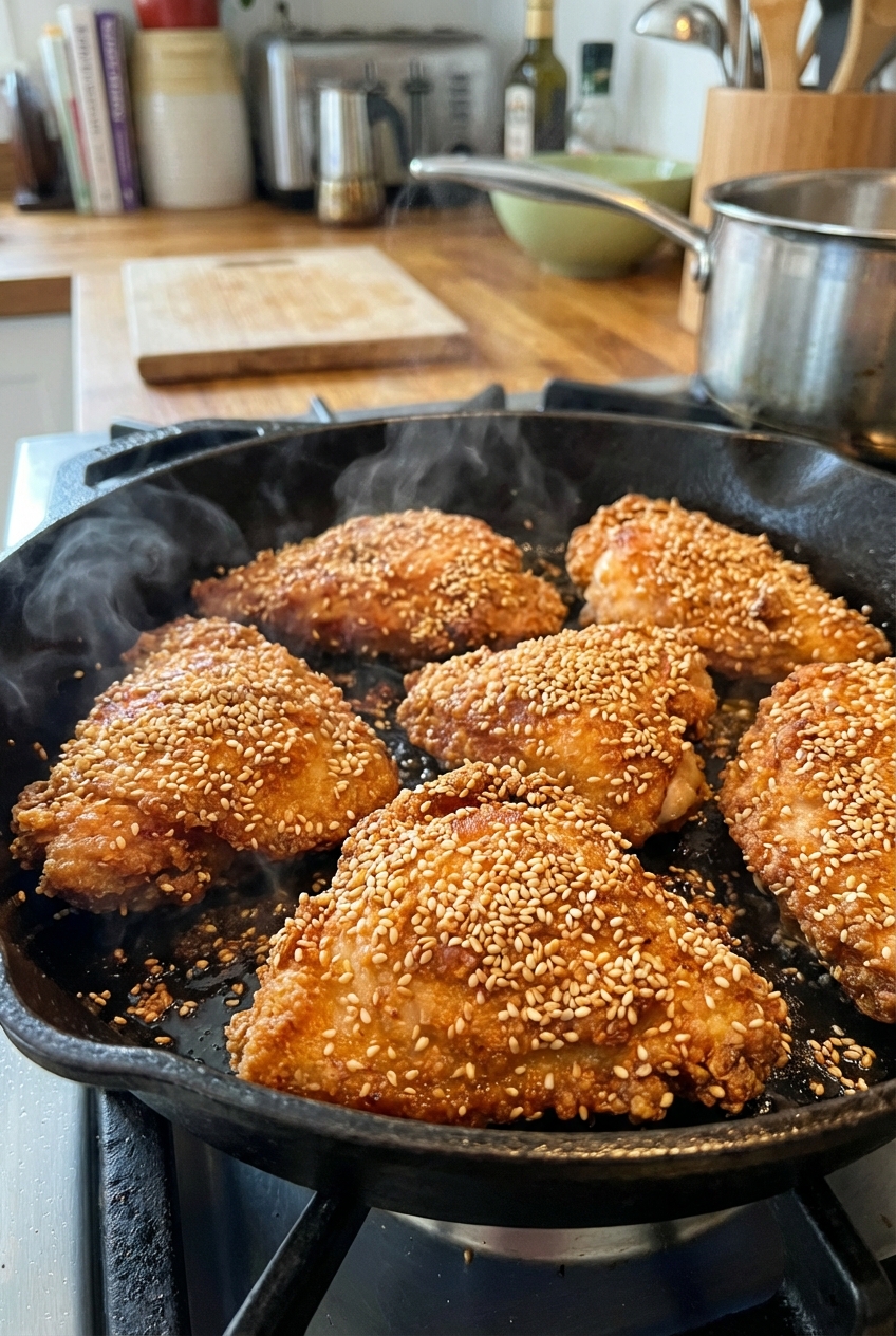 Close-up of sesame chicken pieces crisped in a pan before sauce is added