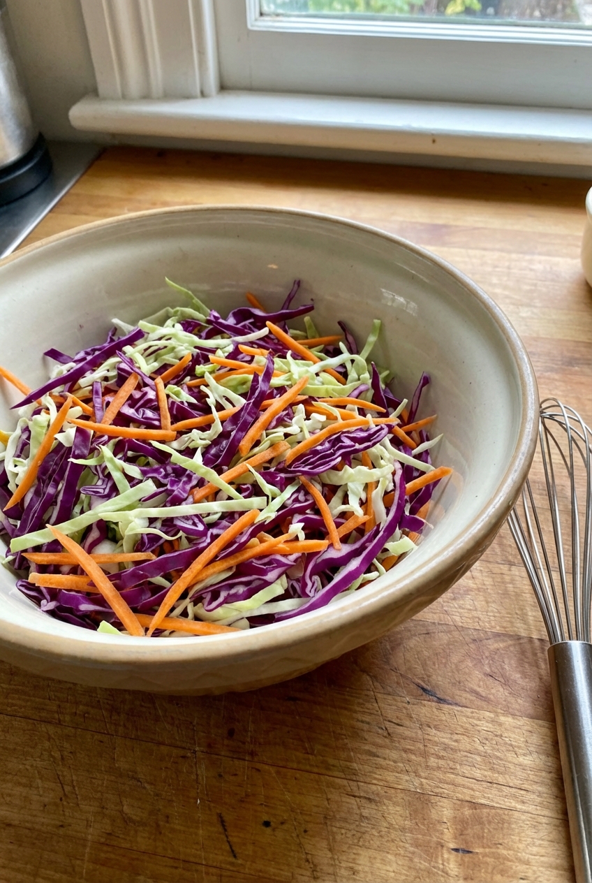 Close-up of shredded red and green cabbage and carrots in a mixing bowl before dressing is added