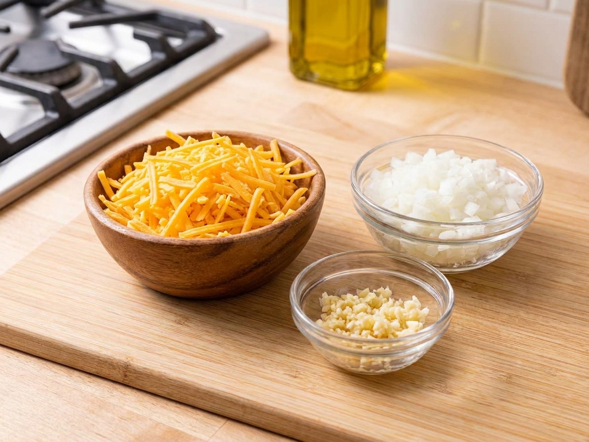 Close-up of shredded sharp cheddar, diced onion, and minced garlic in small bowls on a wooden cutting board