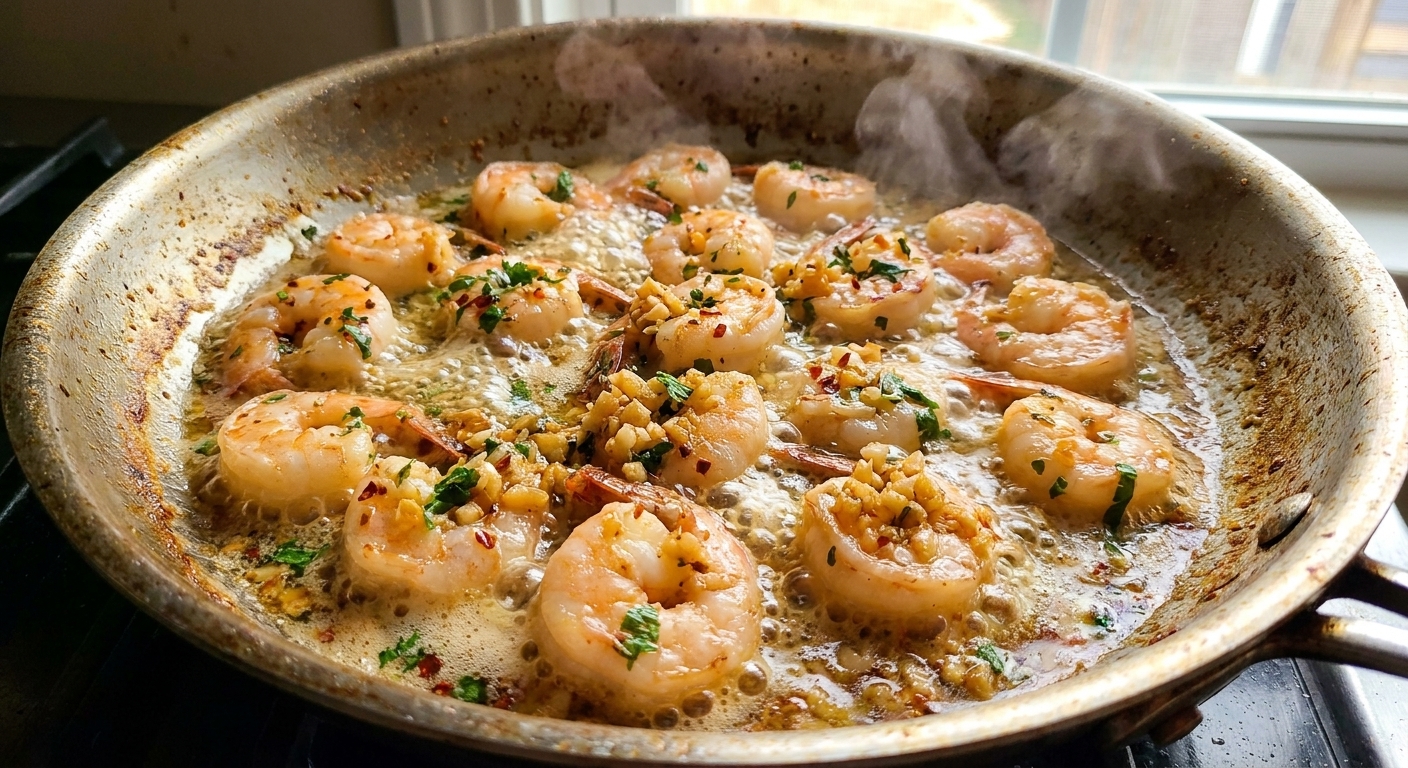 Close-up of shrimp scampi sauce bubbling with minced garlic and butter around pink shrimp in a pan