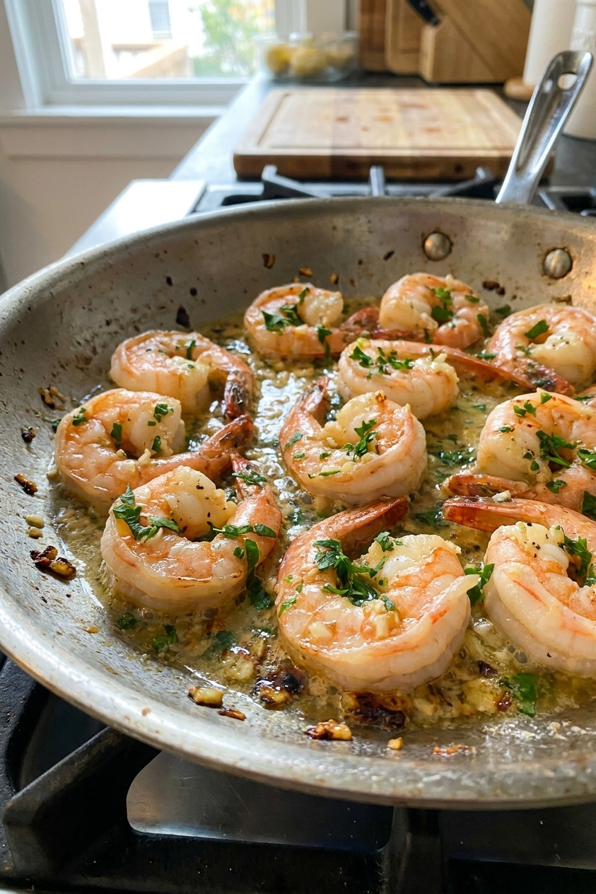 Close-up of shrimp scampi with minced garlic, parsley, and glossy lemon-butter sauce in a pan