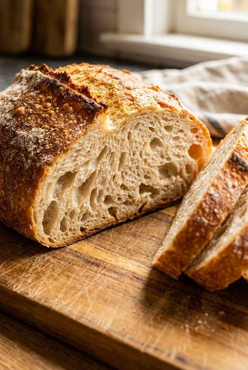 Close-up of sliced Italian bread showing a tender interior crumb and crisp crust on a cutting board