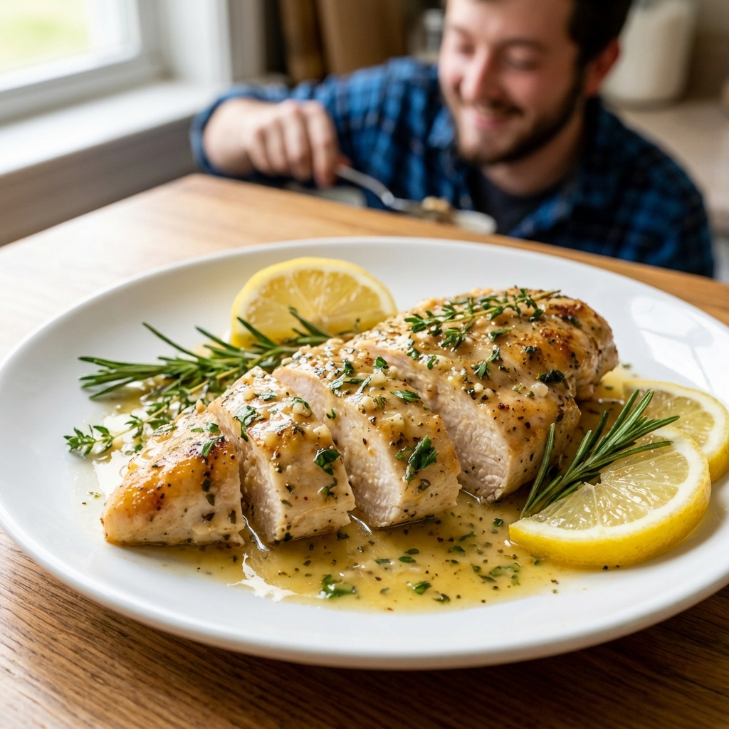 Close up of sliced chicken breast with lemon herb sauce pooling on a plate