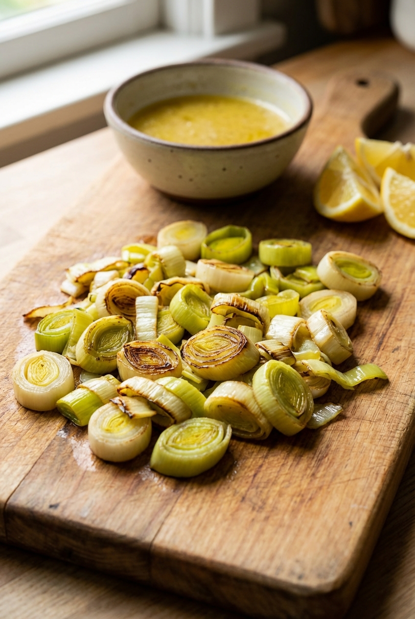 Close-up of sliced cooked leeks on a cutting board with a small bowl of lemon dressing in the background