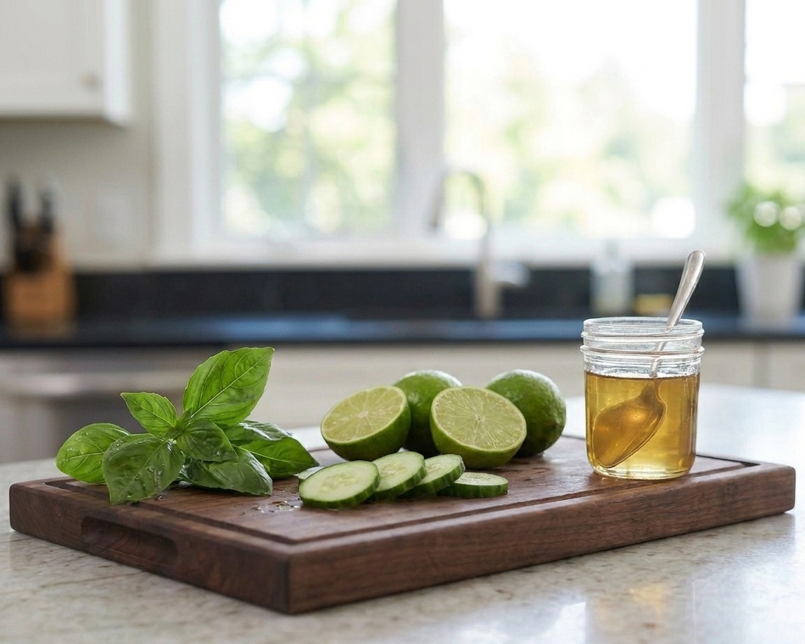 Close-up of sliced cucumber, halved limes, basil leaves, and a small jar of simple syrup arranged on a cutting board