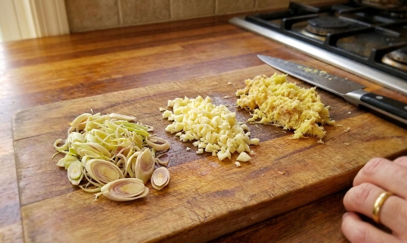 Close-up of sliced lemongrass, minced garlic, and grated ginger on a wooden cutting board