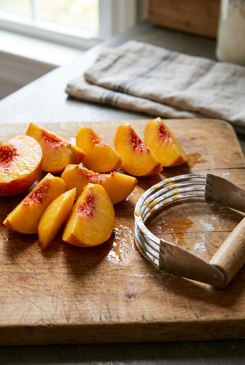 Close-up of sliced ripe peaches on a cutting board with a pastry cutter nearby