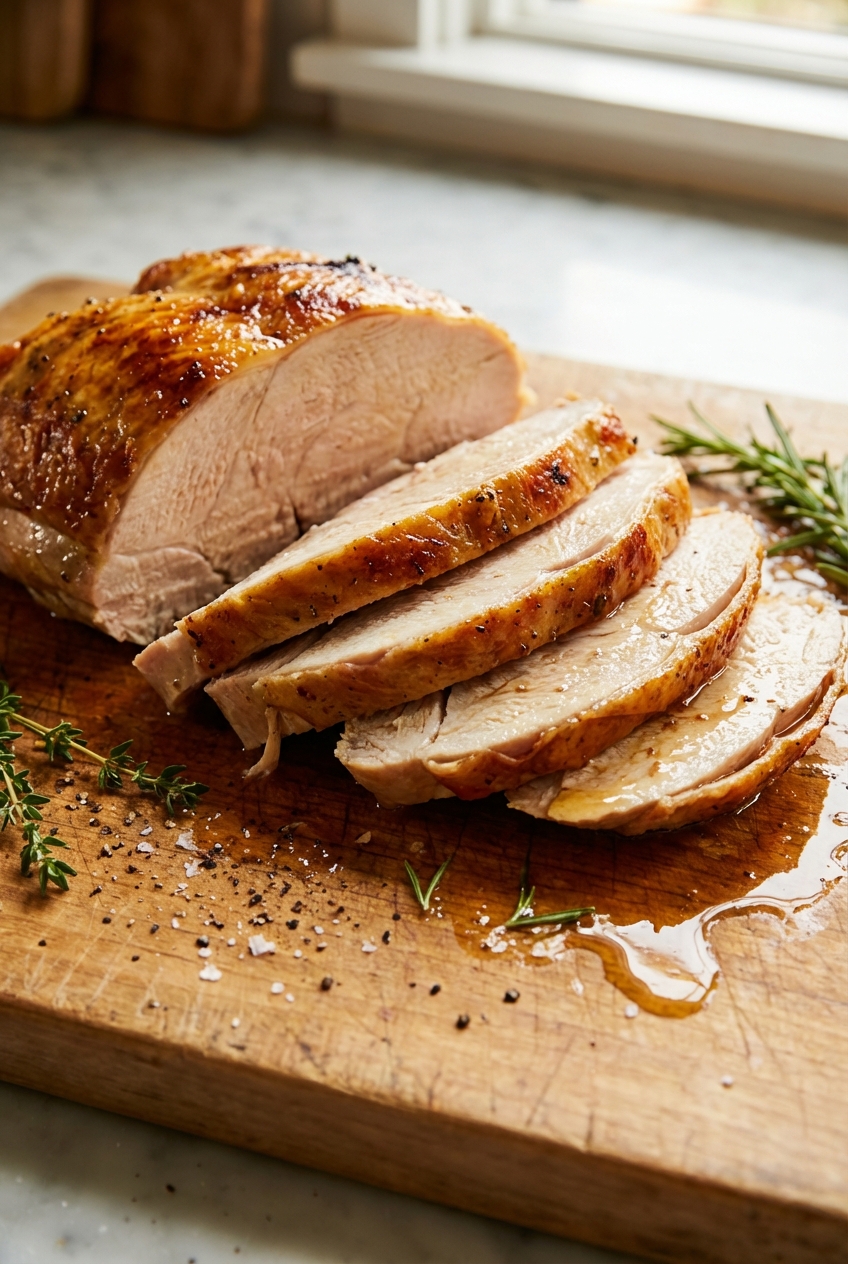 Close-up of sliced roast turkey breast with visible juices on a cutting board