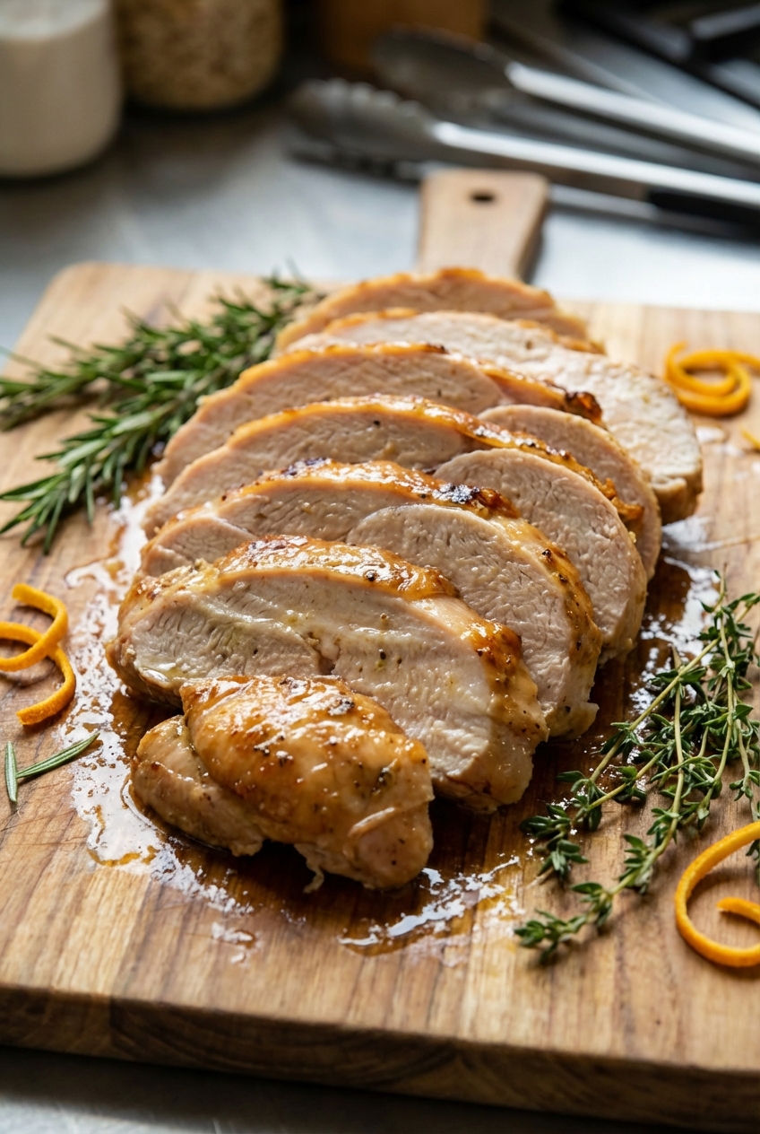Close-up of sliced roast turkey breast with visible juices on a cutting board, with orange zest and herbs nearby