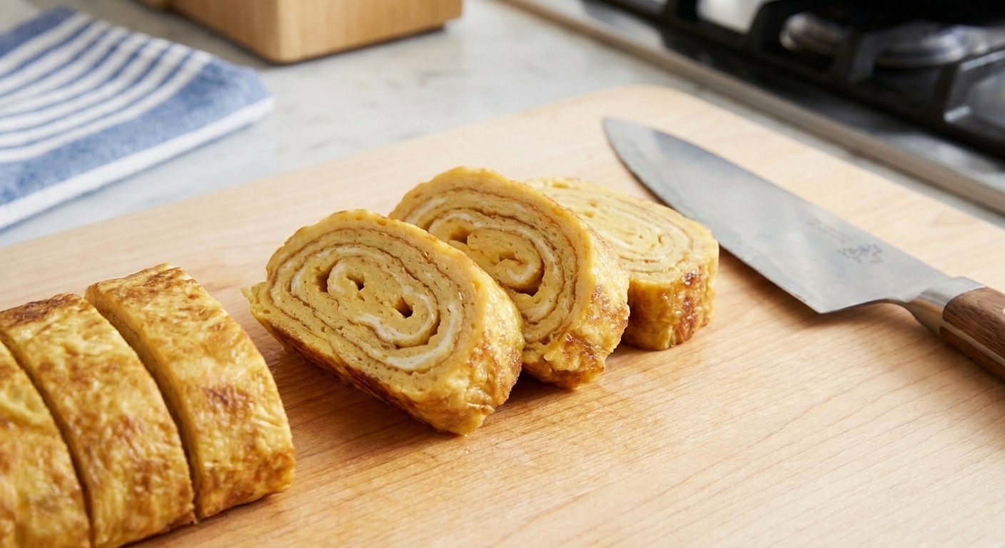 Close-up of sliced tamagoyaki showing distinct golden layers on a cutting board