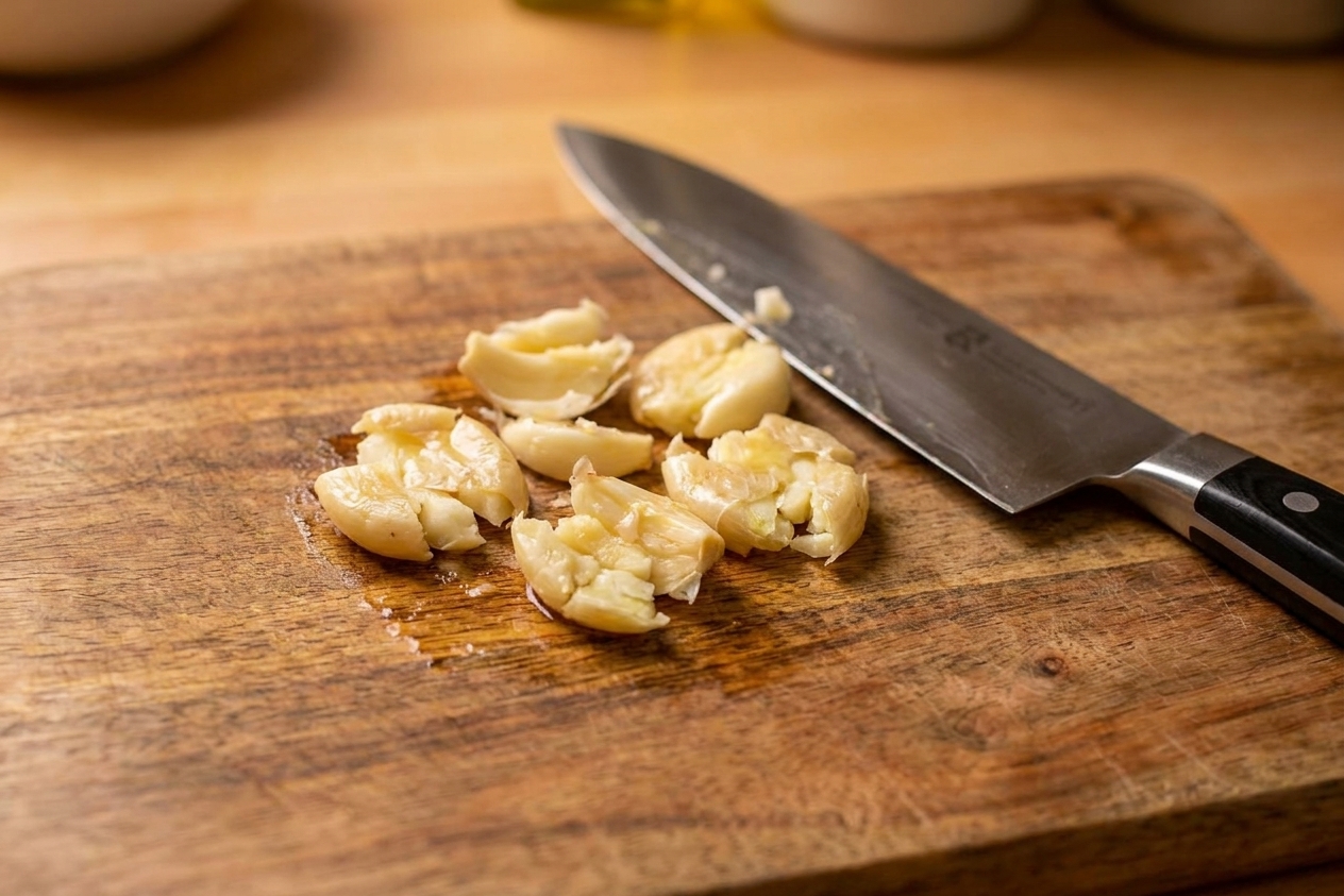Close-up of smashed garlic cloves on a wooden cutting board next to a chef’s knife, warm kitchen lighting
