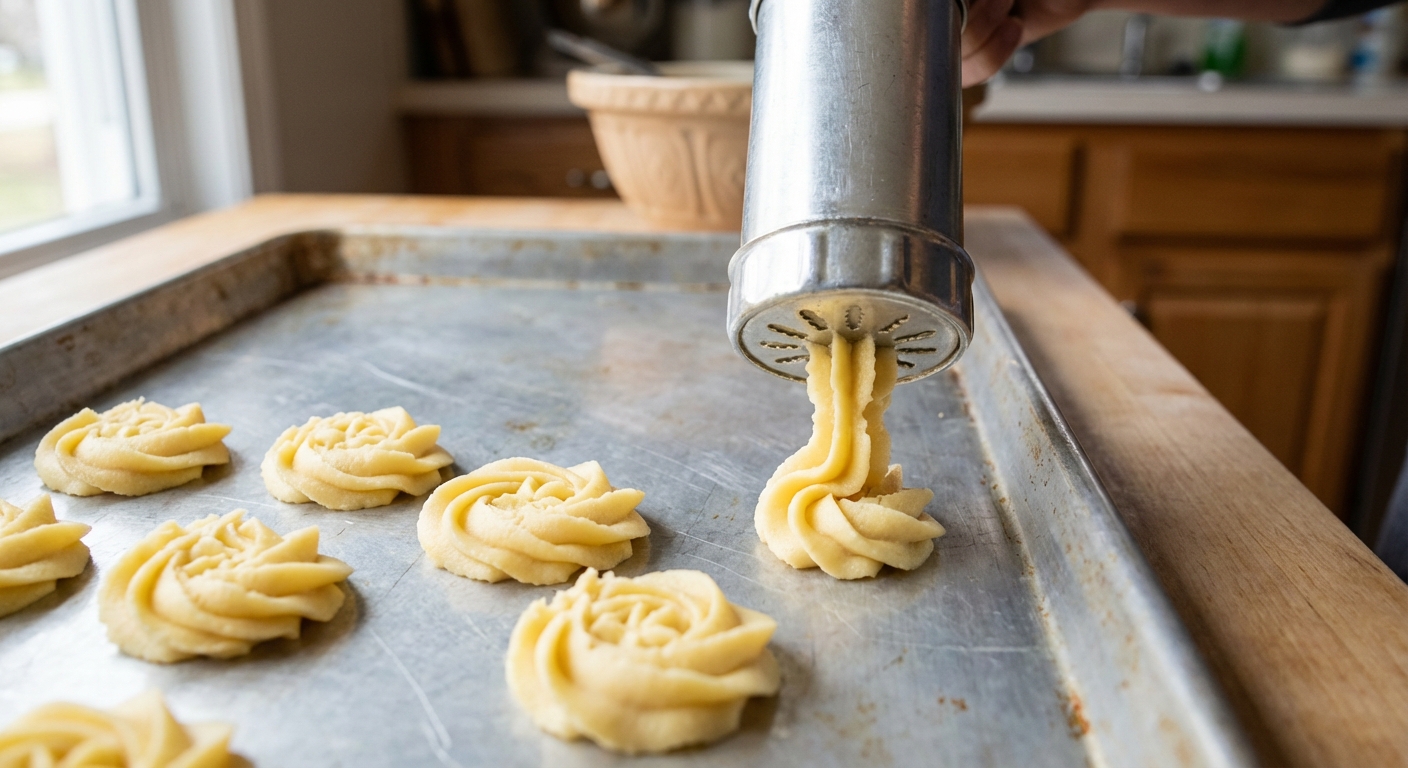 Close-up of spritz cookie dough being pressed into rosettes on an ungreased baking sheet