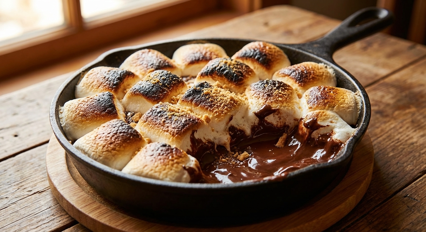 Close-up of toasted marshmallows on top of melted chocolate in a cast-iron skillet, showing golden brown peaks and glossy chocolate, real food photography