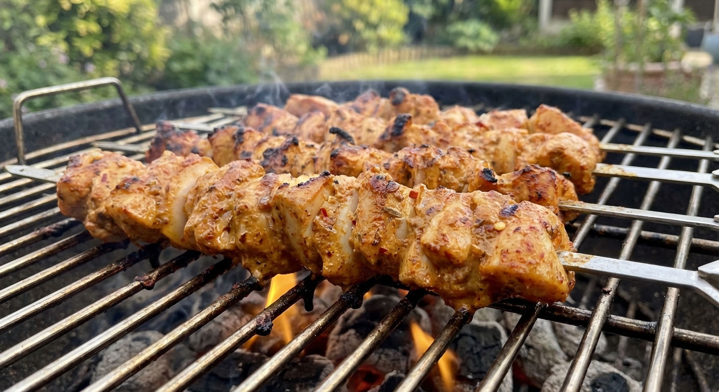 Close-up of yogurt-marinated chicken tikka skewers sizzling on a backyard grill with lightly charred edges and visible spices, real food photography