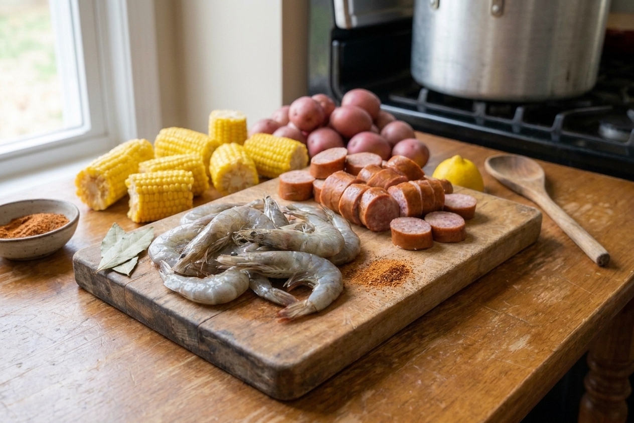 Close-up on a cutting board with raw shrimp, sliced smoked sausage, corn halves, and red potatoes prepped for boiling