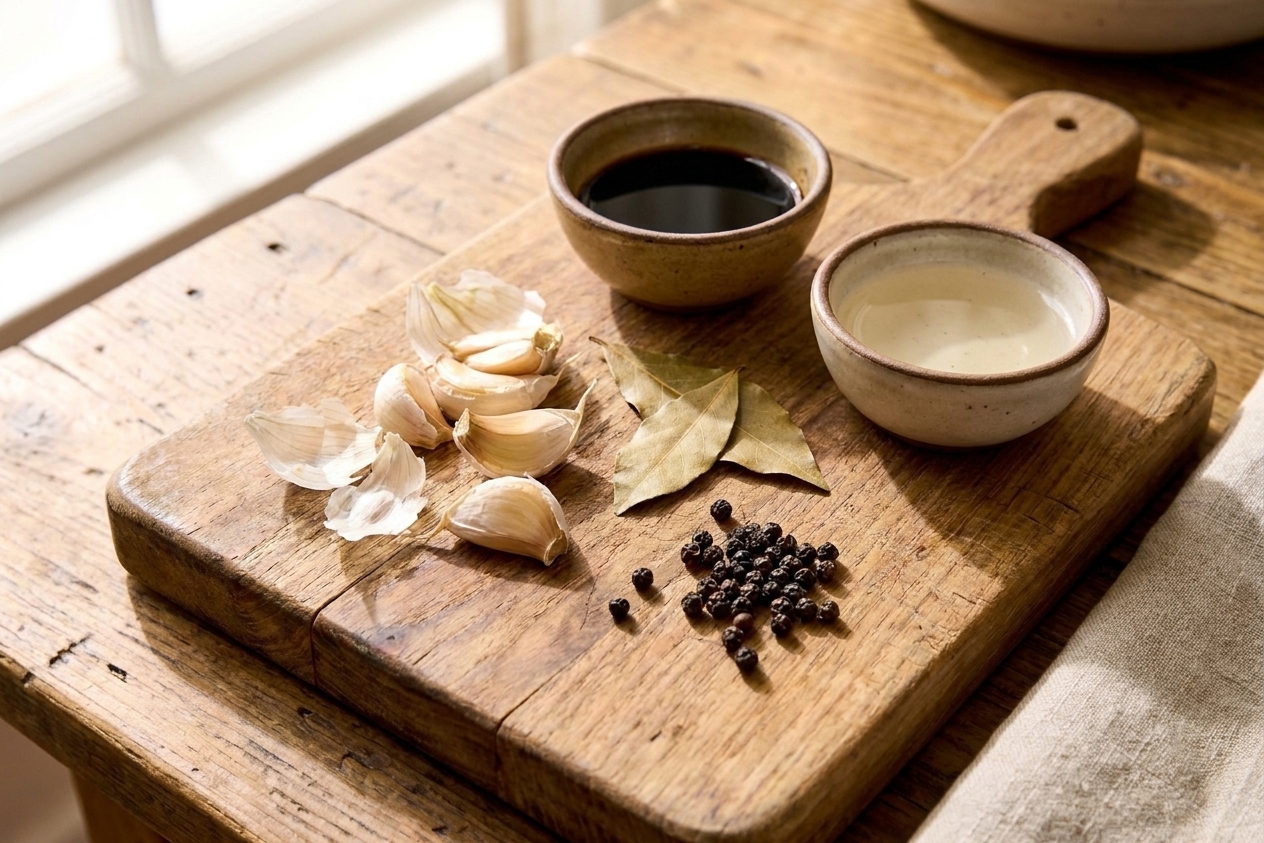 Close-up on a cutting board with smashed garlic cloves, bay leaves, whole black peppercorns, and small bowls of soy sauce and vinegar
