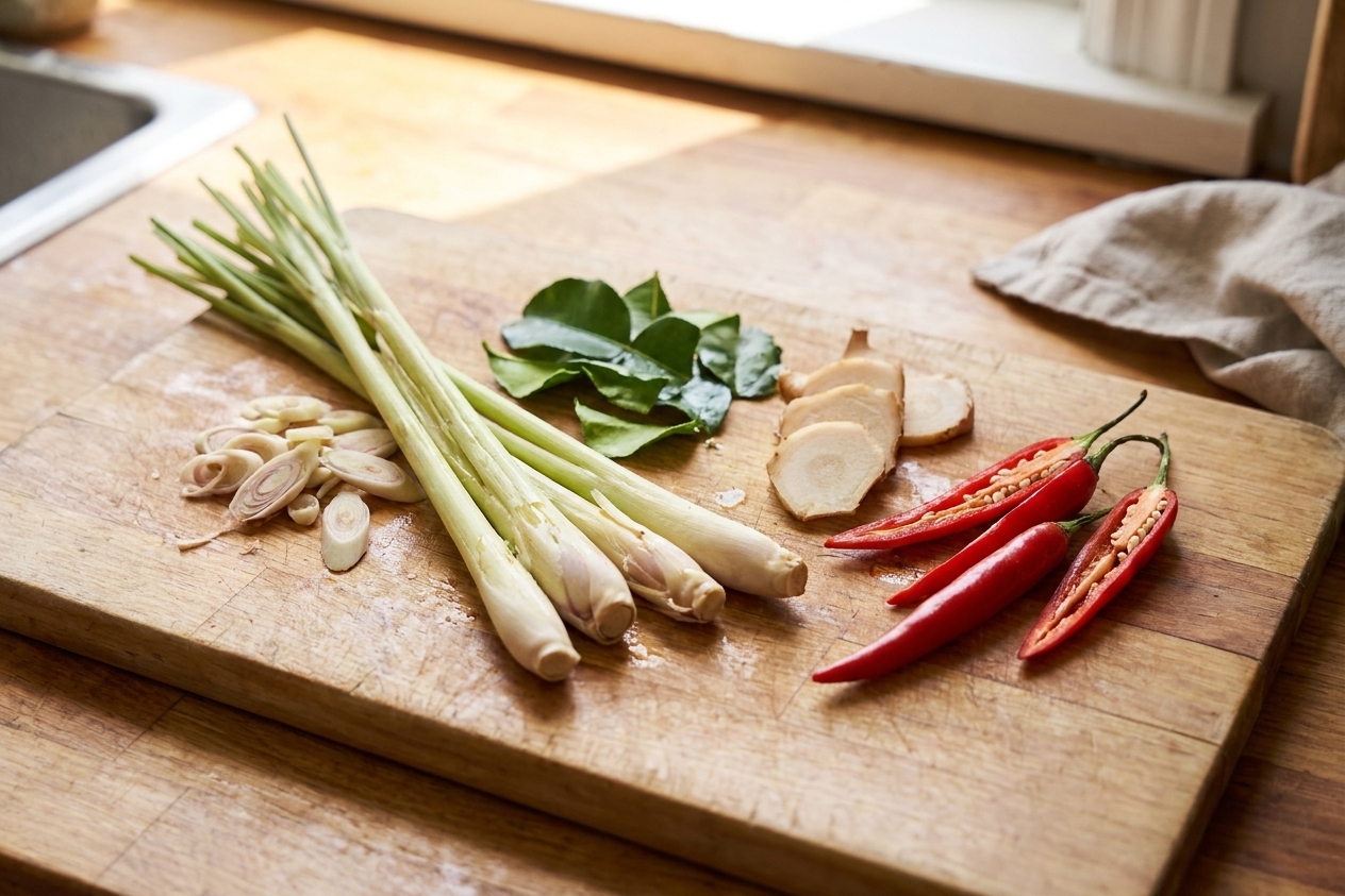 Close-up on a cutting board with smashed lemongrass, torn makrut lime leaves, sliced galangal or ginger, and sliced Thai chiles ready for soup prep, bright natural light