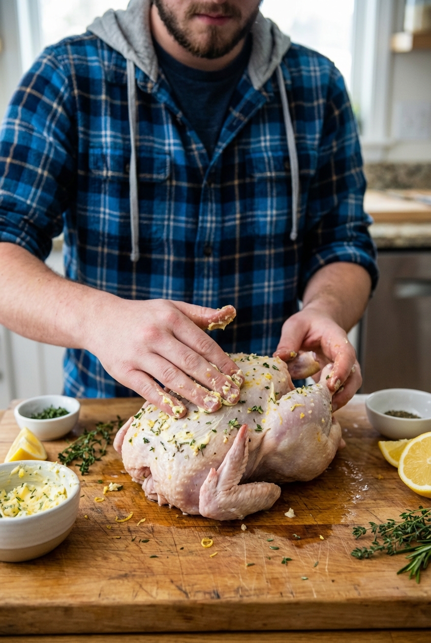 Close-up photo of a Cornish hen being rubbed with lemon zest, garlic, and herb butter on a cutting board