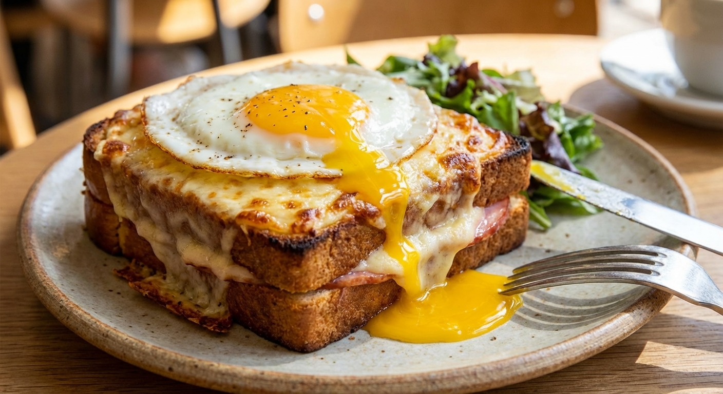 Close-up photo of a Croque Madame with a runny fried egg breaking over melted Gruyère and béchamel on toasted brioche, showing crisp browned cheese edges