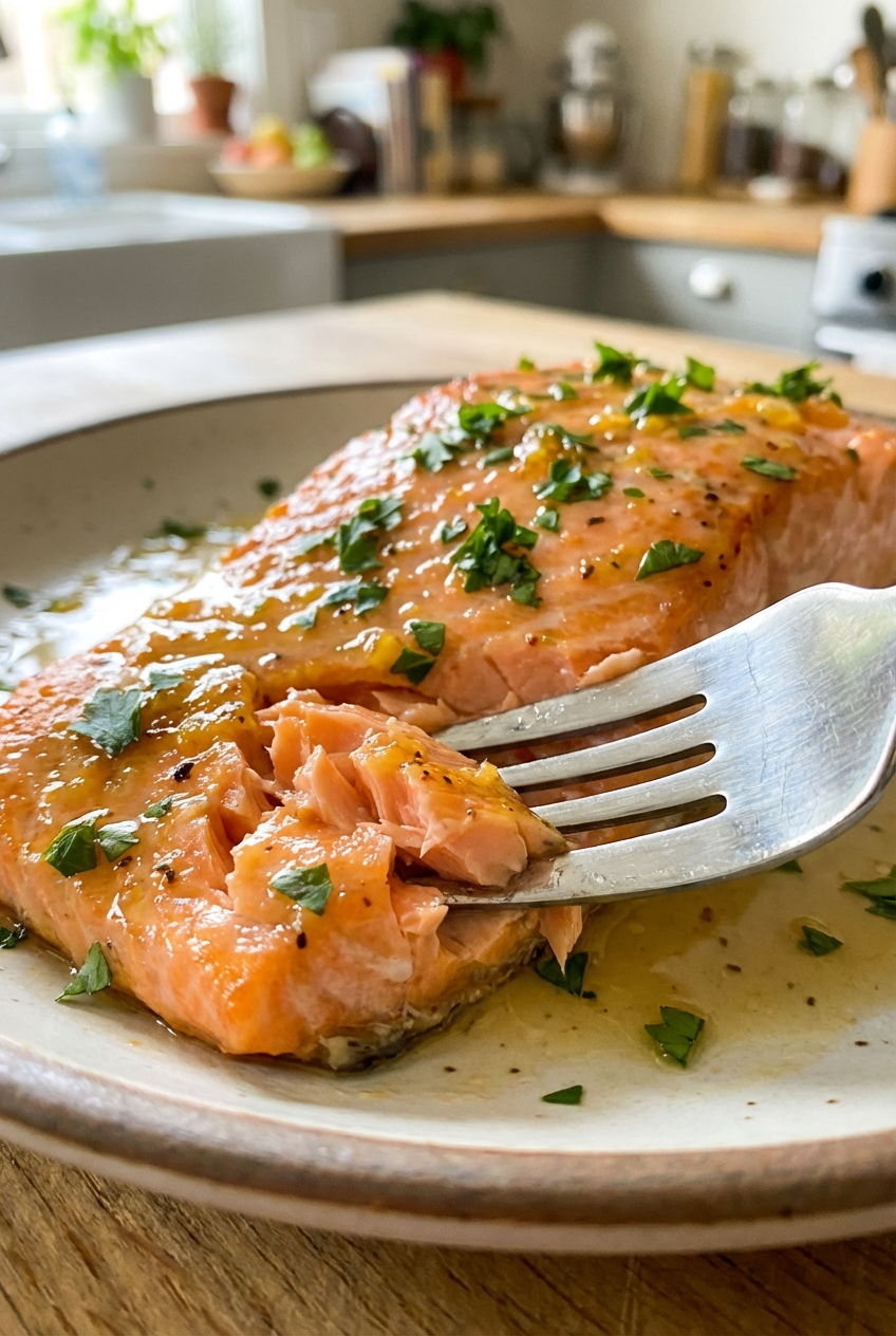 Close up photo of a fork flaking a juicy piece of salmon with citrus glaze and chopped parsley