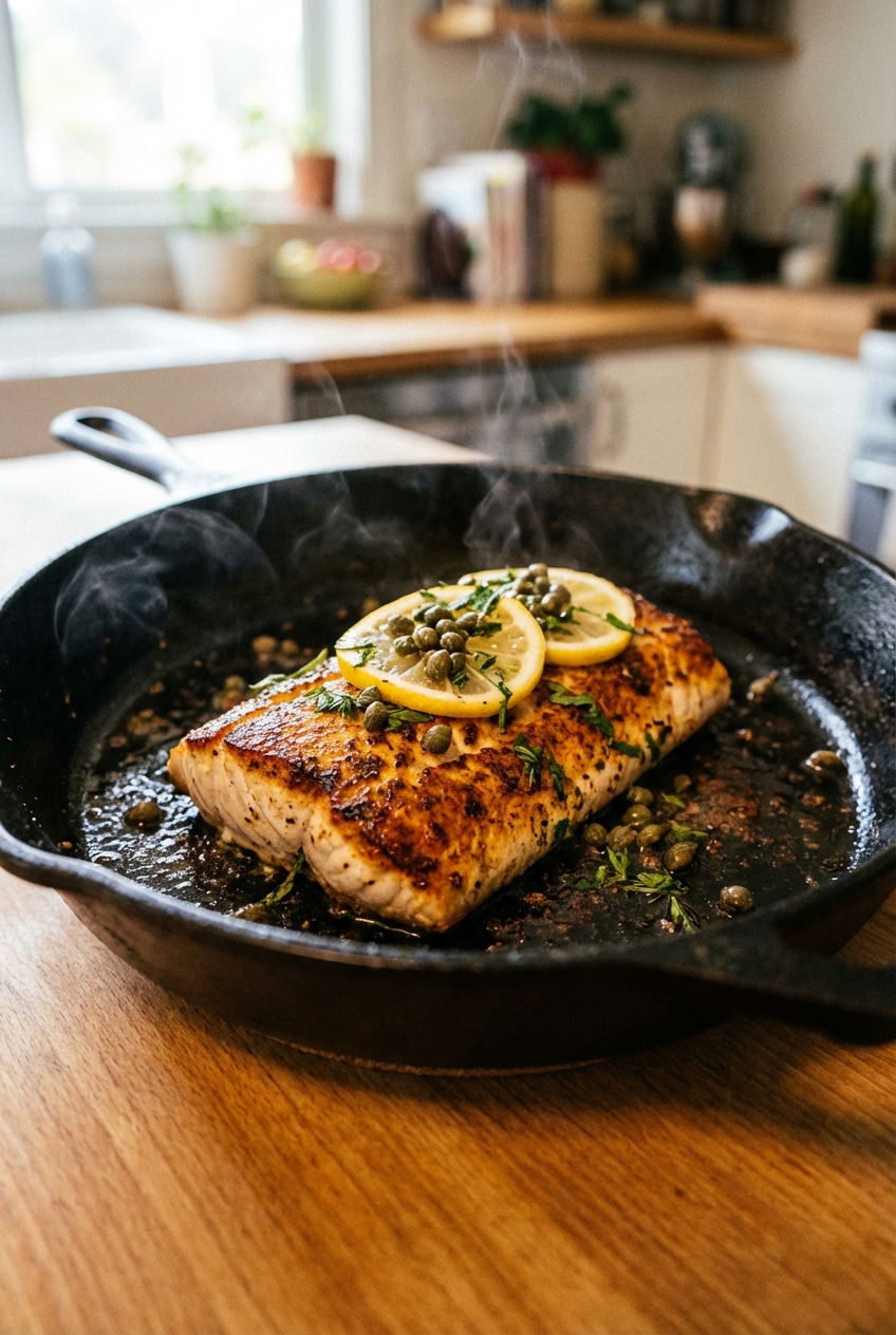Close-up photo of a mahi mahi fillet with a crisp golden crust in a cast iron skillet
