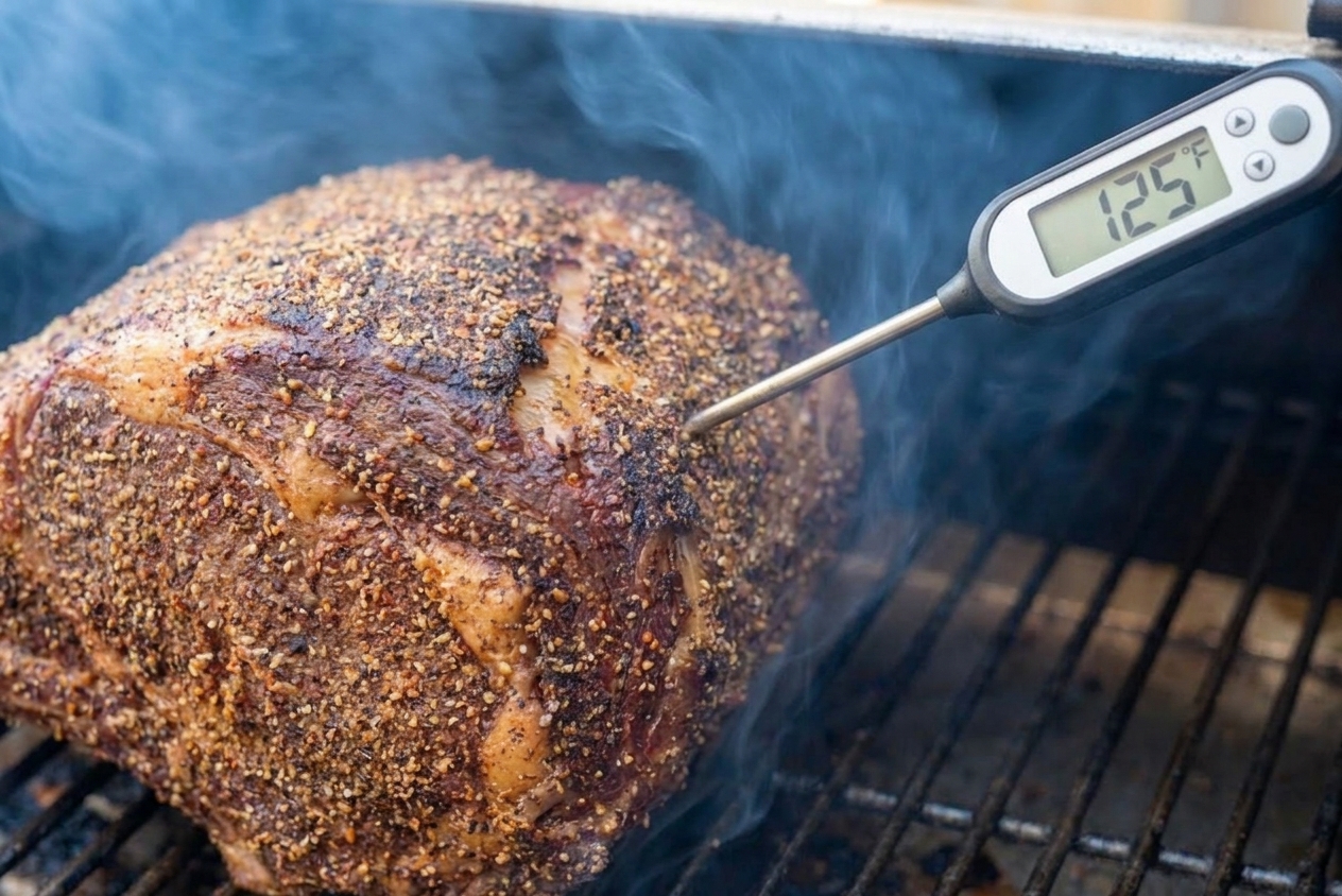 Close-up photo of a meat thermometer probe inserted into the thickest center of a prime rib roast on a smoker grate