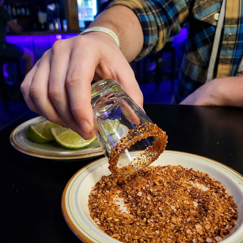 Close up photo of a shot glass being dipped into citrus and coated in smoky chile salt