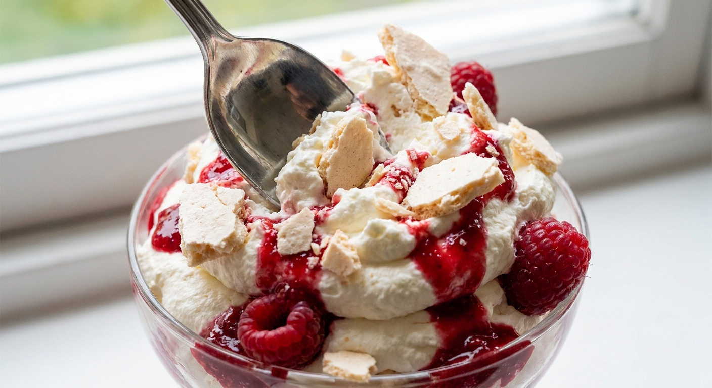Close-up photo of a spoon breaking through whipped cream with crisp meringue pieces and red berry streaks in a glass