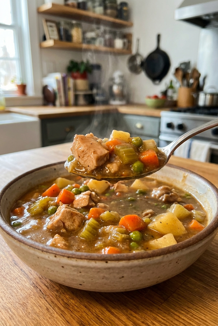 Close-up photo of a spoon lifting tender chicken and vegetables from a bowl of thick, savory chicken stew