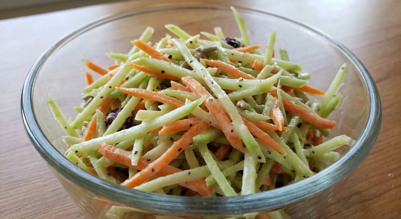 Close-up photo of broccoli slaw showing crisp shreds of broccoli stems and carrots coated lightly in creamy dressing