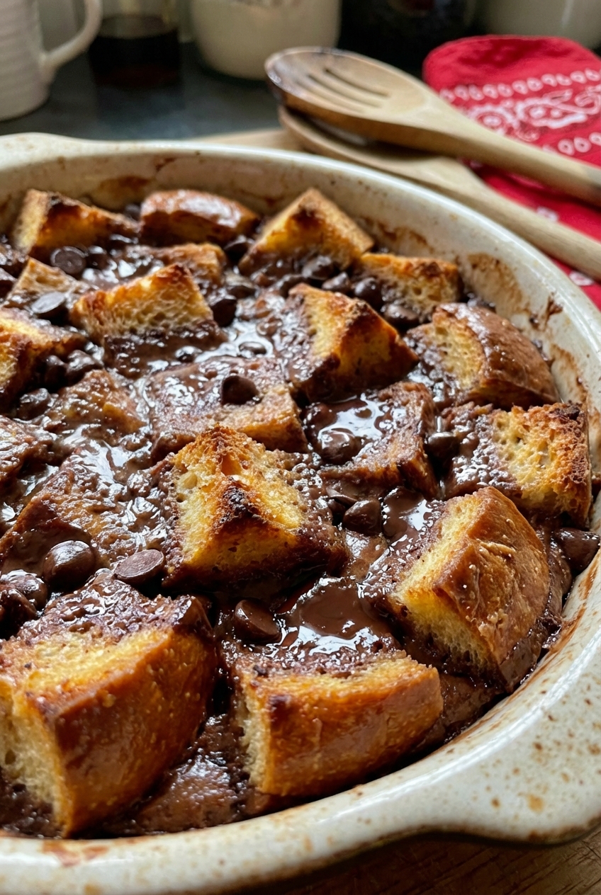 Close-up photo of chocolate stuffing showing cubes of bread, chocolate chips, and a glossy custard interior