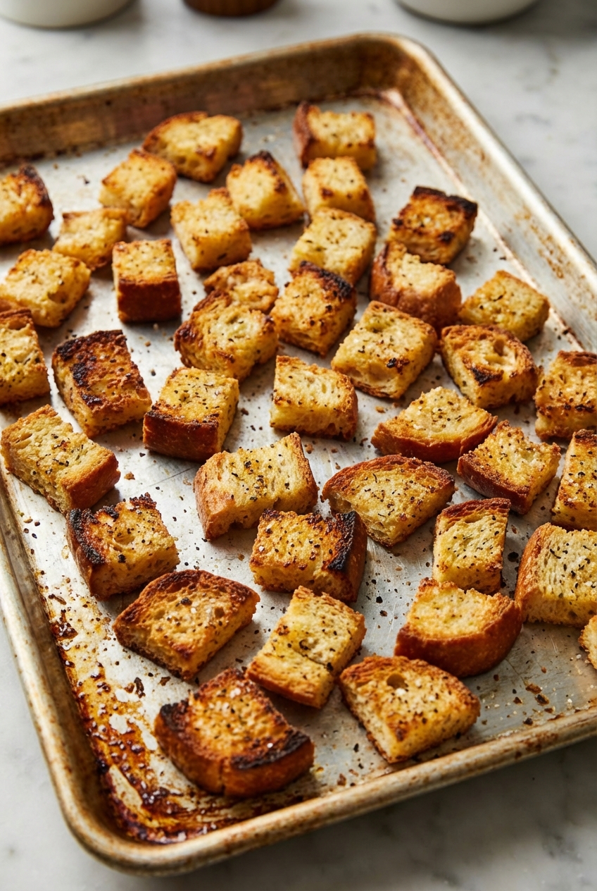 Close-up photo of crispy croutons on a sheet pan with browned edges
