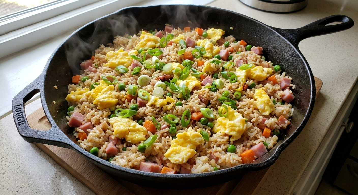 Close-up photo of ham fried rice in a skillet with soft scrambled egg pieces mixed throughout and sliced green onions on top