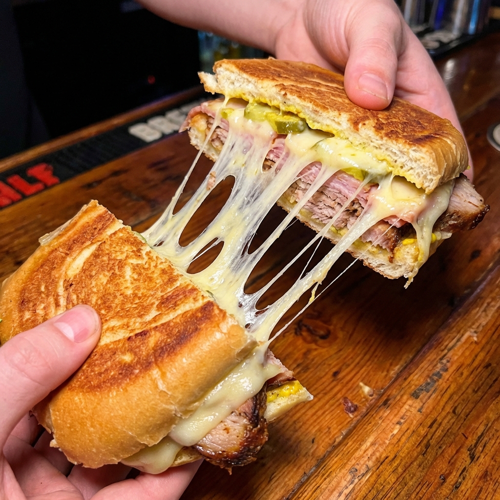 Close-up photo of melted Swiss cheese stretching as a pressed Cuban sandwich is pulled apart