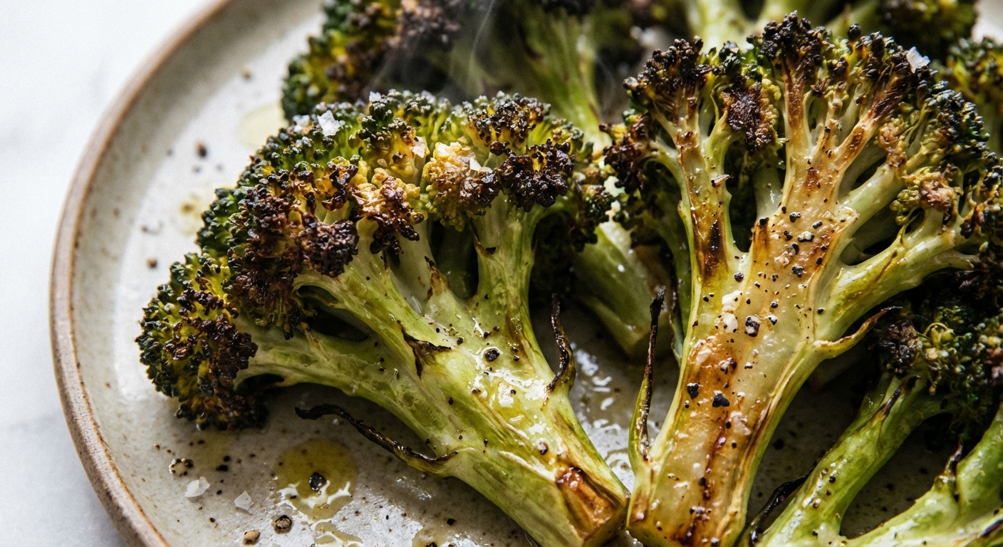 Close-up photo of roasted broccoli florets showing deeply browned crisp edges and glistening olive oil