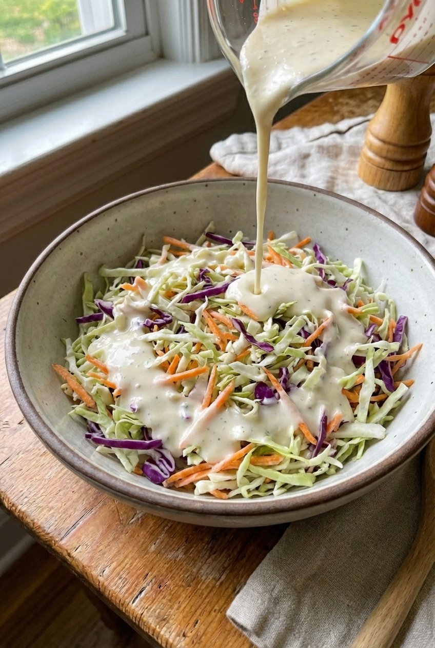 Close-up photo of shredded cabbage and grated carrot in a large mixing bowl with dressing being poured in