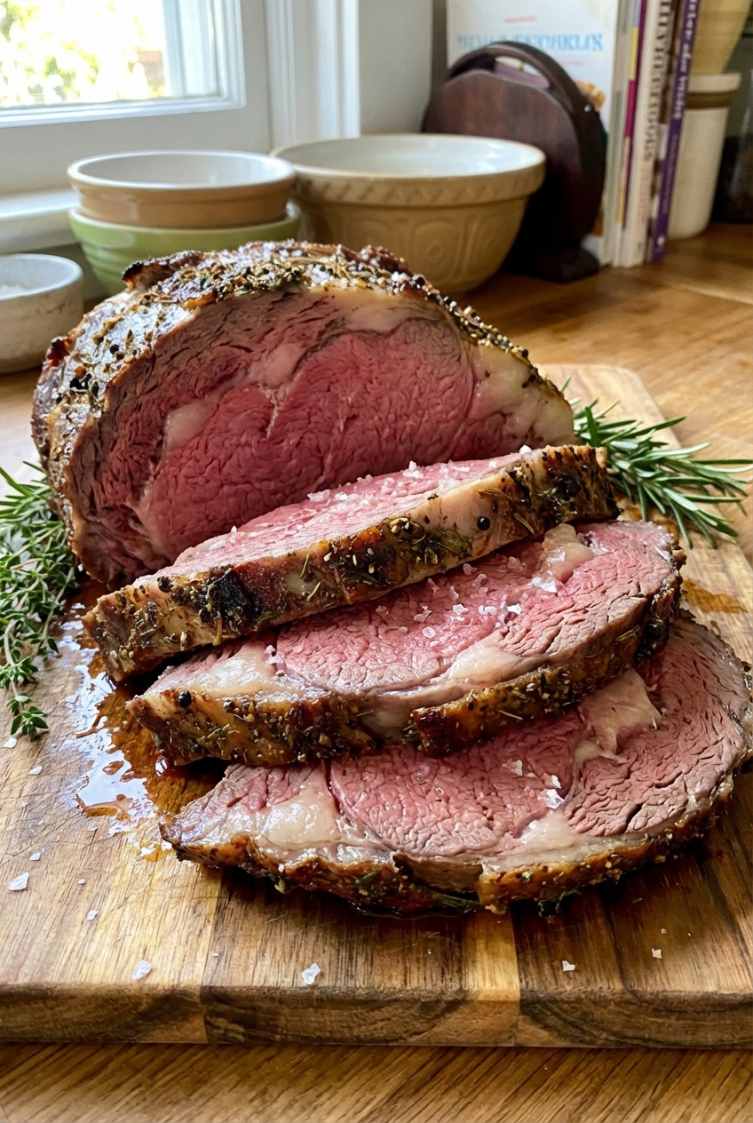 Close-up photo of sliced prime rib showing a pink center and browned crust