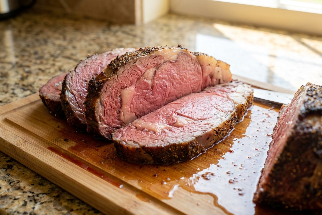 Close-up photo of sliced smoked prime rib showing a rosy medium-rare center and browned crust on a wooden cutting board with meat juices