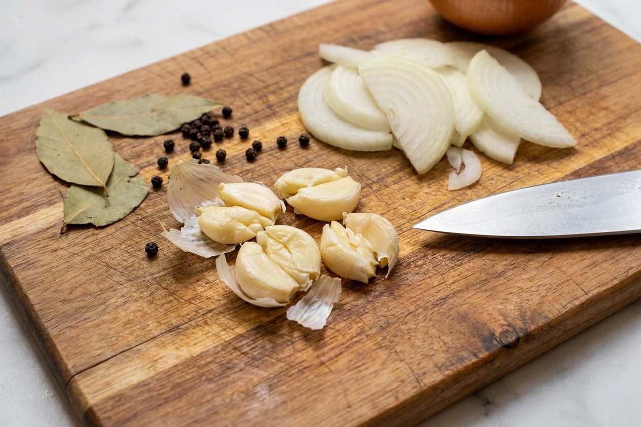 Close-up photo of smashed garlic cloves and sliced onion on a wooden cutting board beside bay leaves and peppercorns, warm kitchen lighting