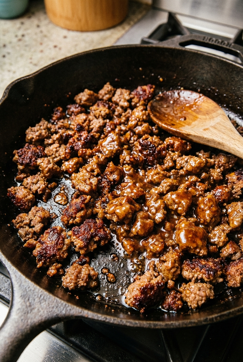 Close-up photograph of crispy ground beef in a skillet with caramelized browned edges and glossy sauce