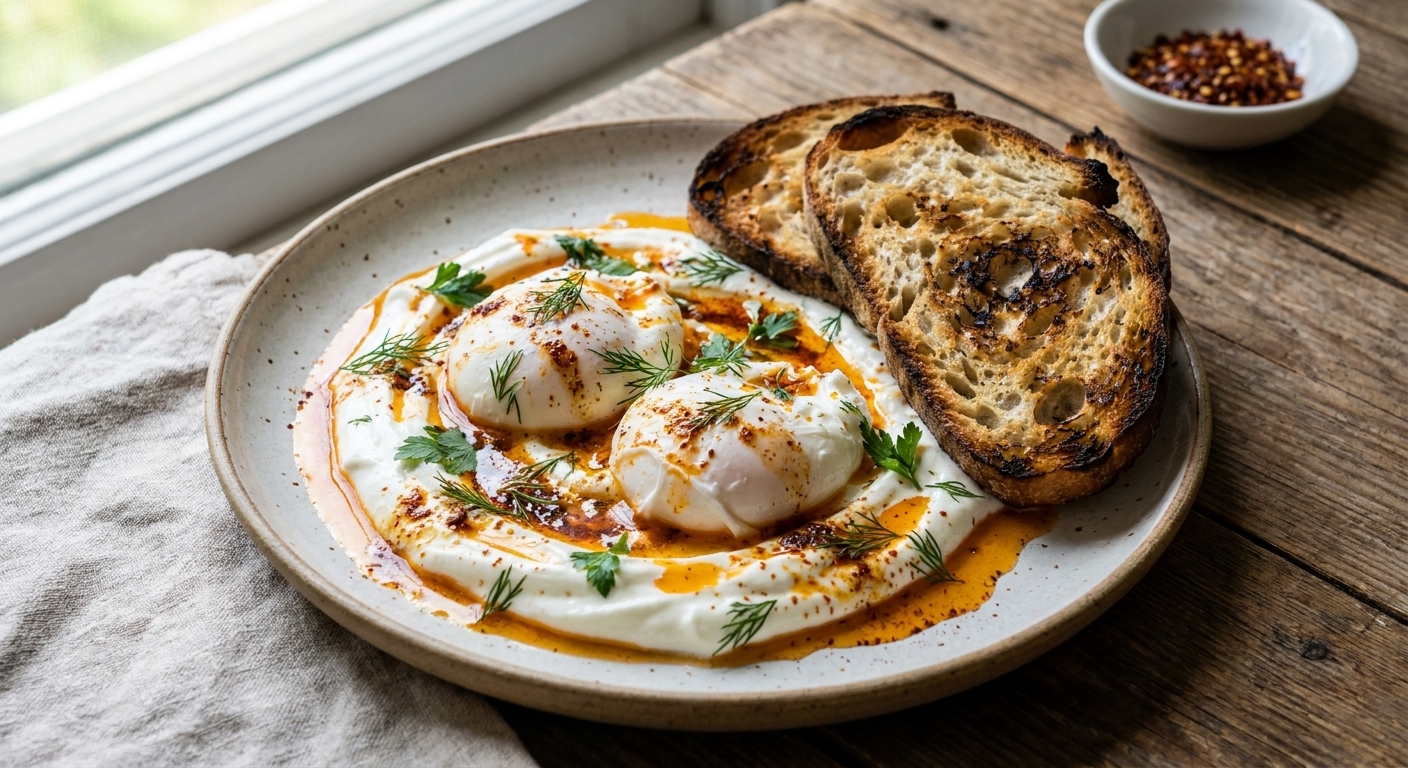 Close-up plate of Turkish eggs with creamy yogurt, melted spiced butter pooling around poached eggs, and toasted bread on the side